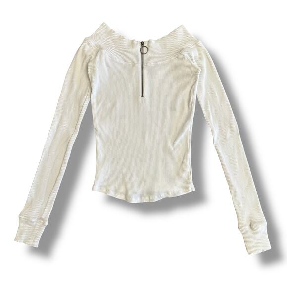 Free People White Ribbed Off Shoulder O-Ring Zip Top Small S Long Sleeve - Picture 1 of 7